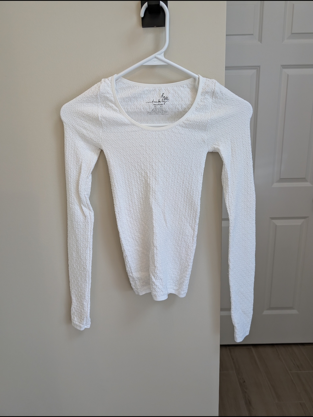 Free People Scoop Neck White Textured Long Sleeve Tee